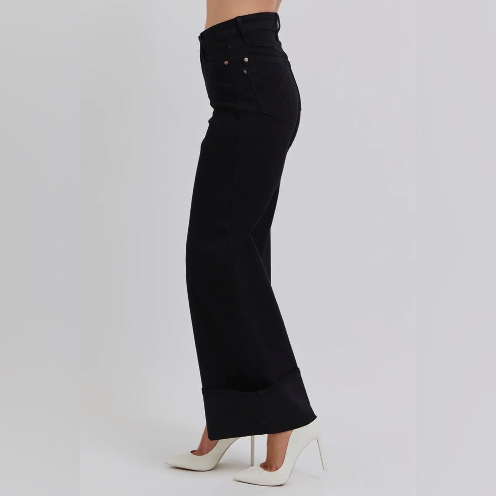 NWT Judy Blue High Waisted Retro Wide Cuffed Leg Black Jeans - Picture 7 of 7